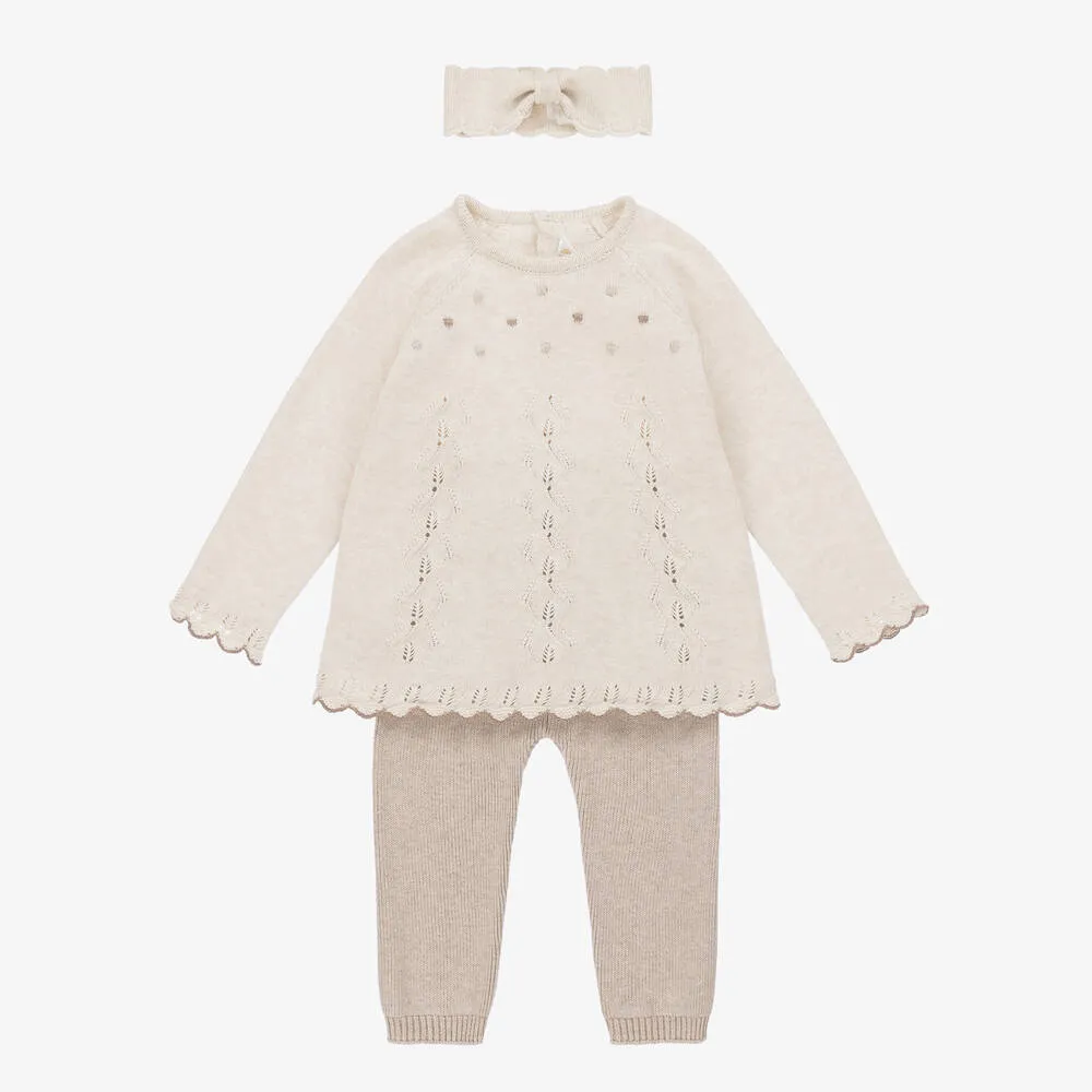 3-Piece Baby Girls Beige Knitted Trouser Set