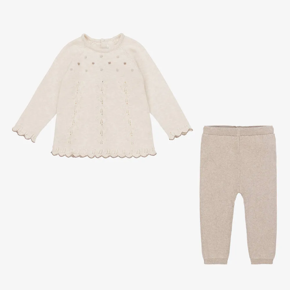 3-Piece Baby Girls Beige Knitted Trouser Set