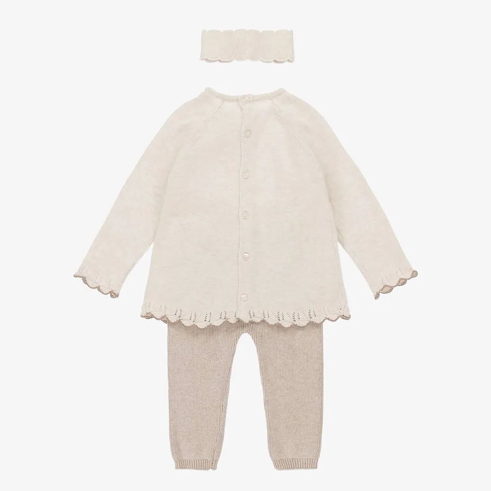 3-Piece Baby Girls Beige Knitted Trouser Set