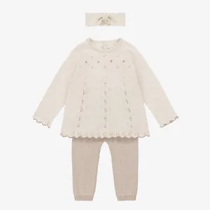 3-Piece Baby Girls Beige Knitted Trouser Set