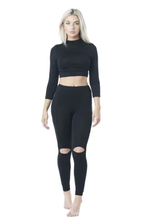 3/4 Sleeve High Neck Crop Top & Knee Slits Legging Yoga Set