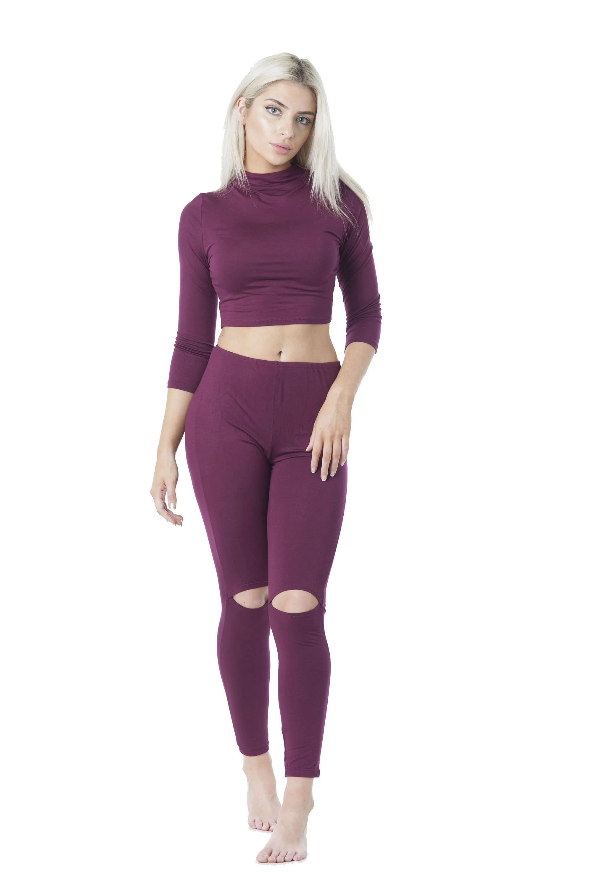 3/4 Sleeve High Neck Crop Top & Knee Slits Legging Yoga Set