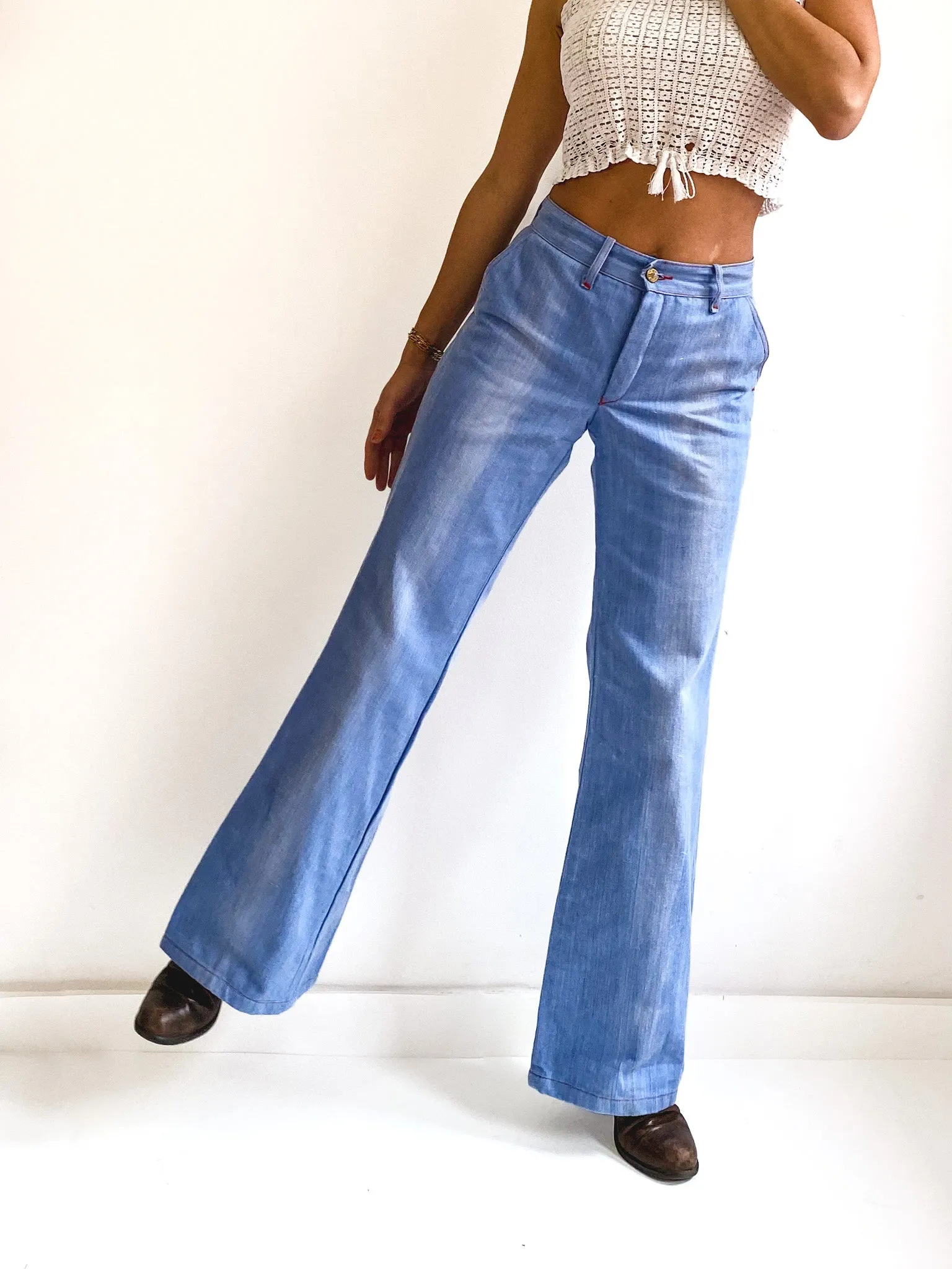 70s vintage light blue washed bell bottom jeans XS-S