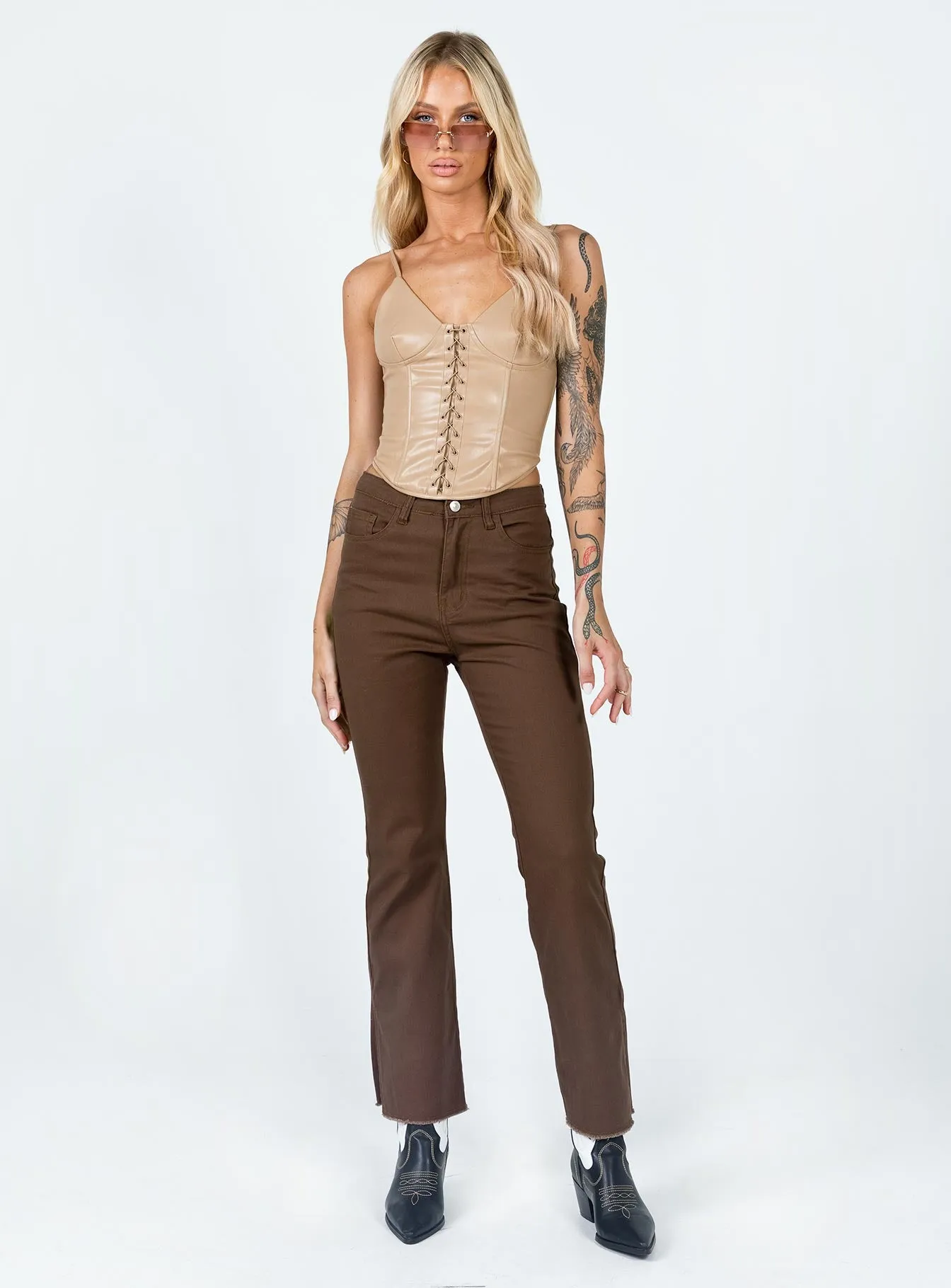 Aalia Wide Leg Denim Jeans Brown