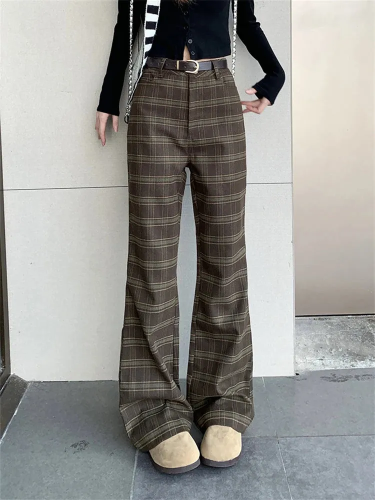 Advbridge  -  Women's Vintage Plaid Casual Flare Pants Street Retro Style Young Girl Bottoms Female High Waist Straight Bell-bottom Trousers