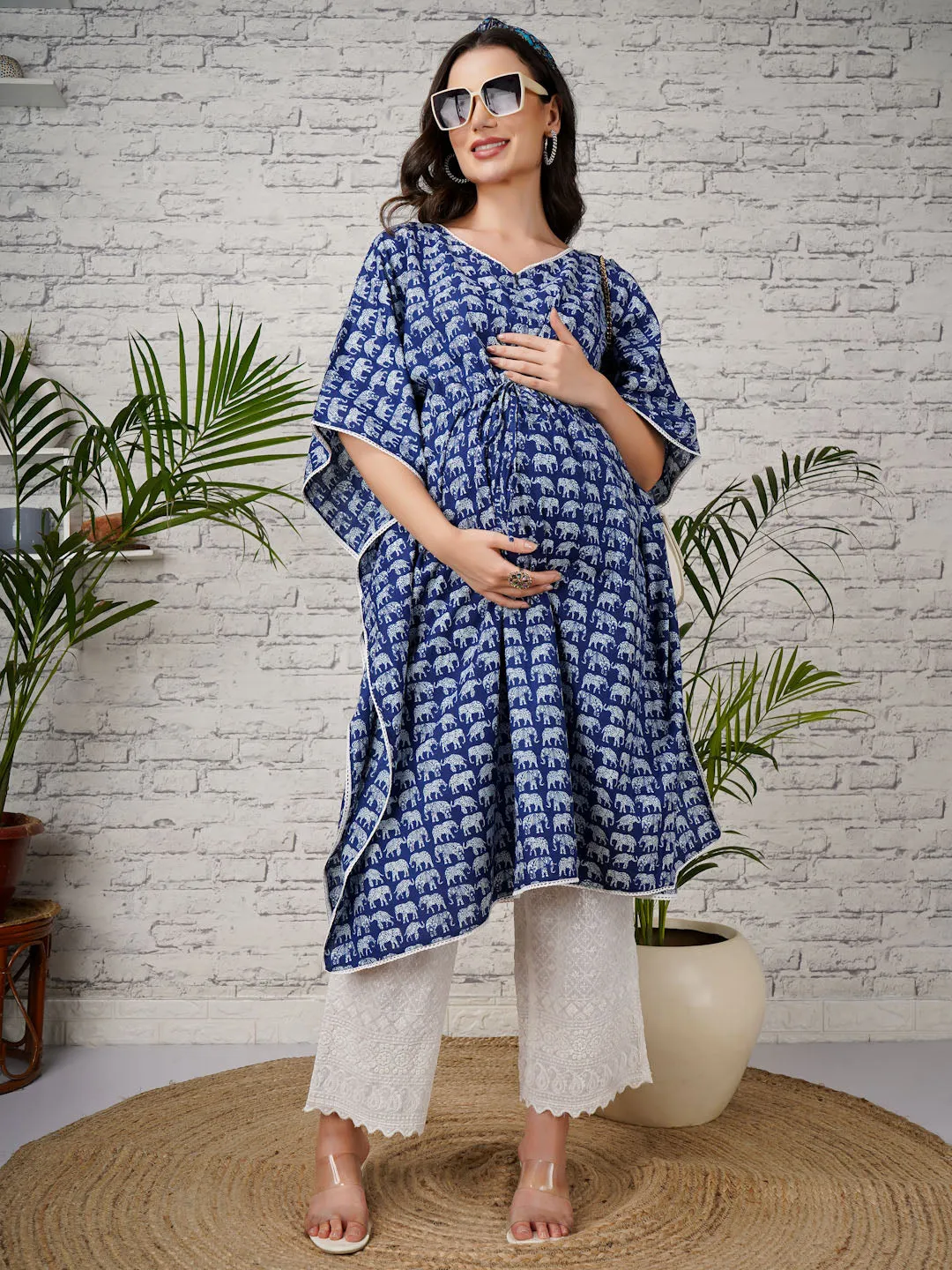 ALIA - DARK BLUE AND WHITE TRADITIONAL PRINT MATERNITY KAFTAN SET WITH EMBROI