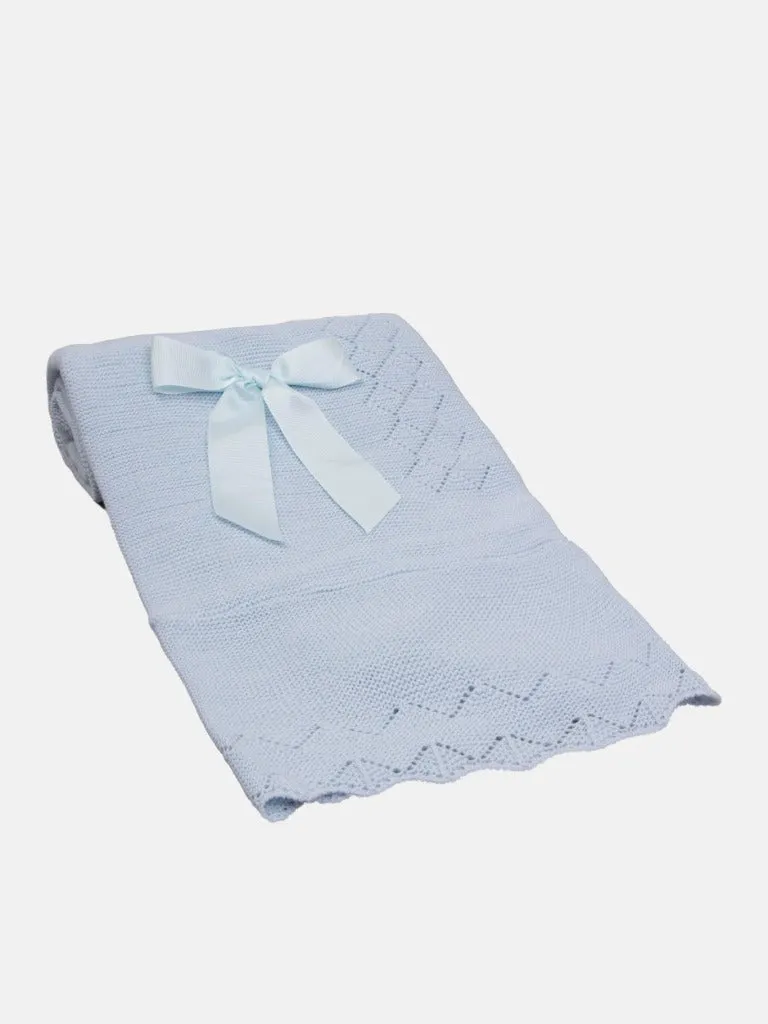 Baby Diamond Knitted Spanish Blanket with Satin Bow-Baby Blue