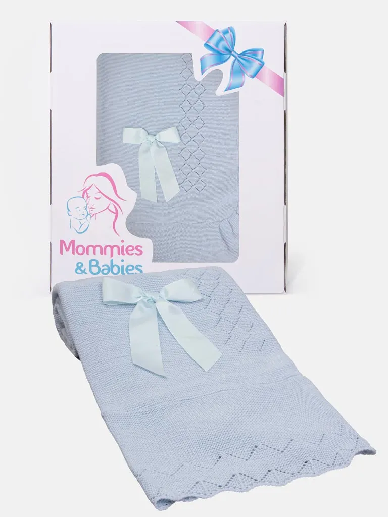 Baby Diamond Knitted Spanish Blanket with Satin Bow-Baby Blue