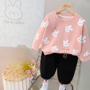 Baby Pink With White Kitty Printed Sweatshirt Set