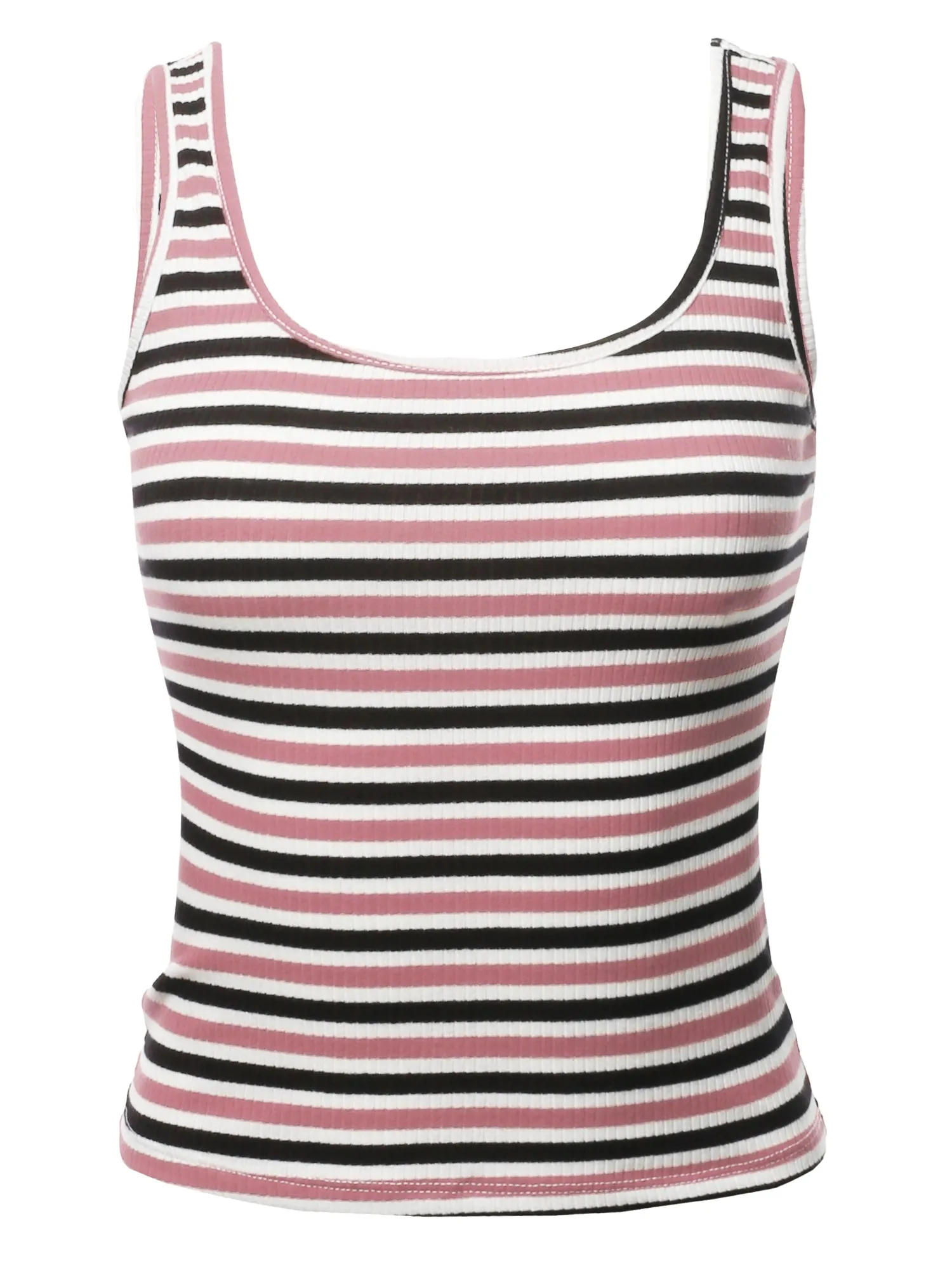 Basic Stripe Double Scoop Neck Rib Cropped Tank Top