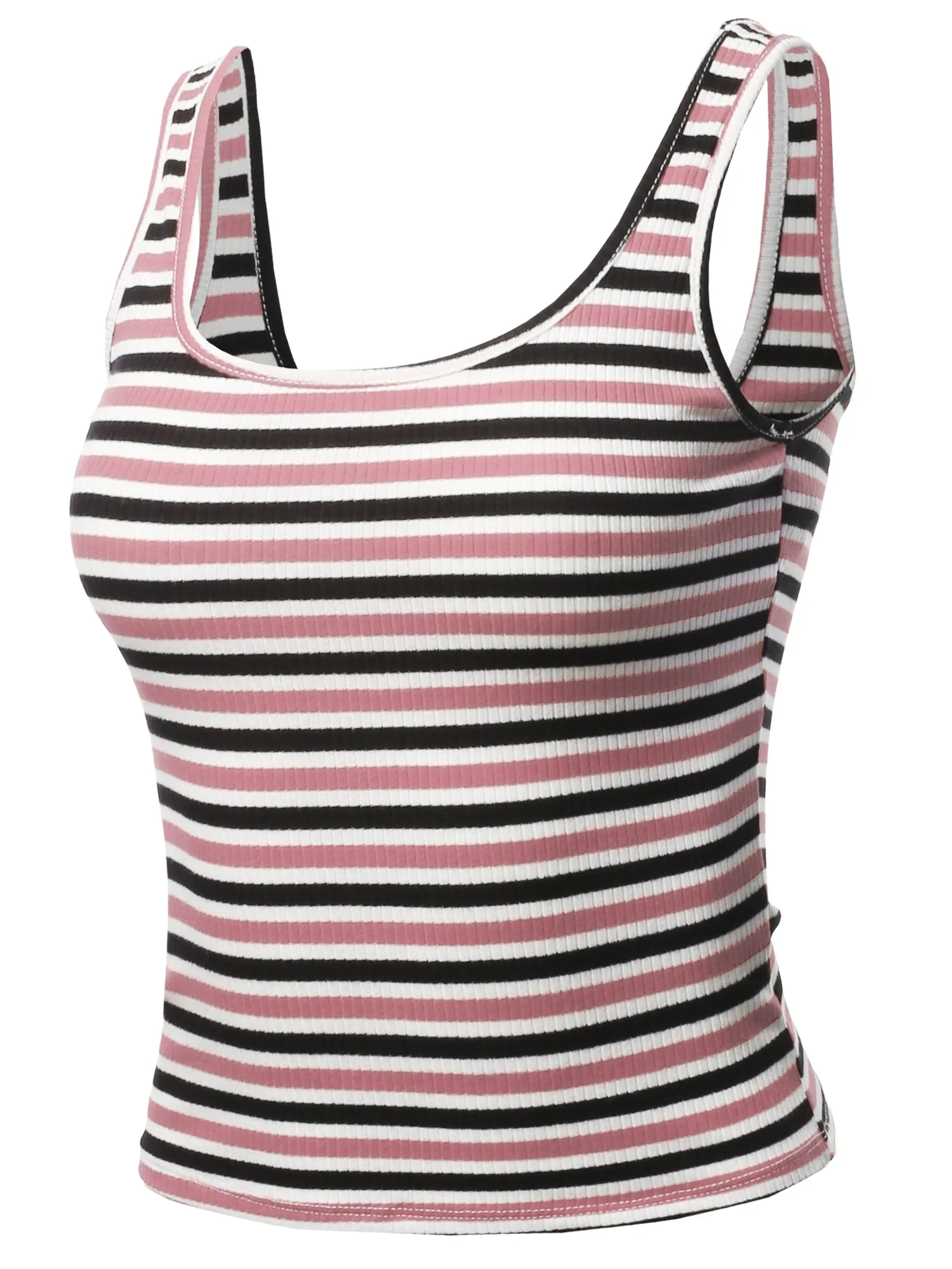 Basic Stripe Double Scoop Neck Rib Cropped Tank Top