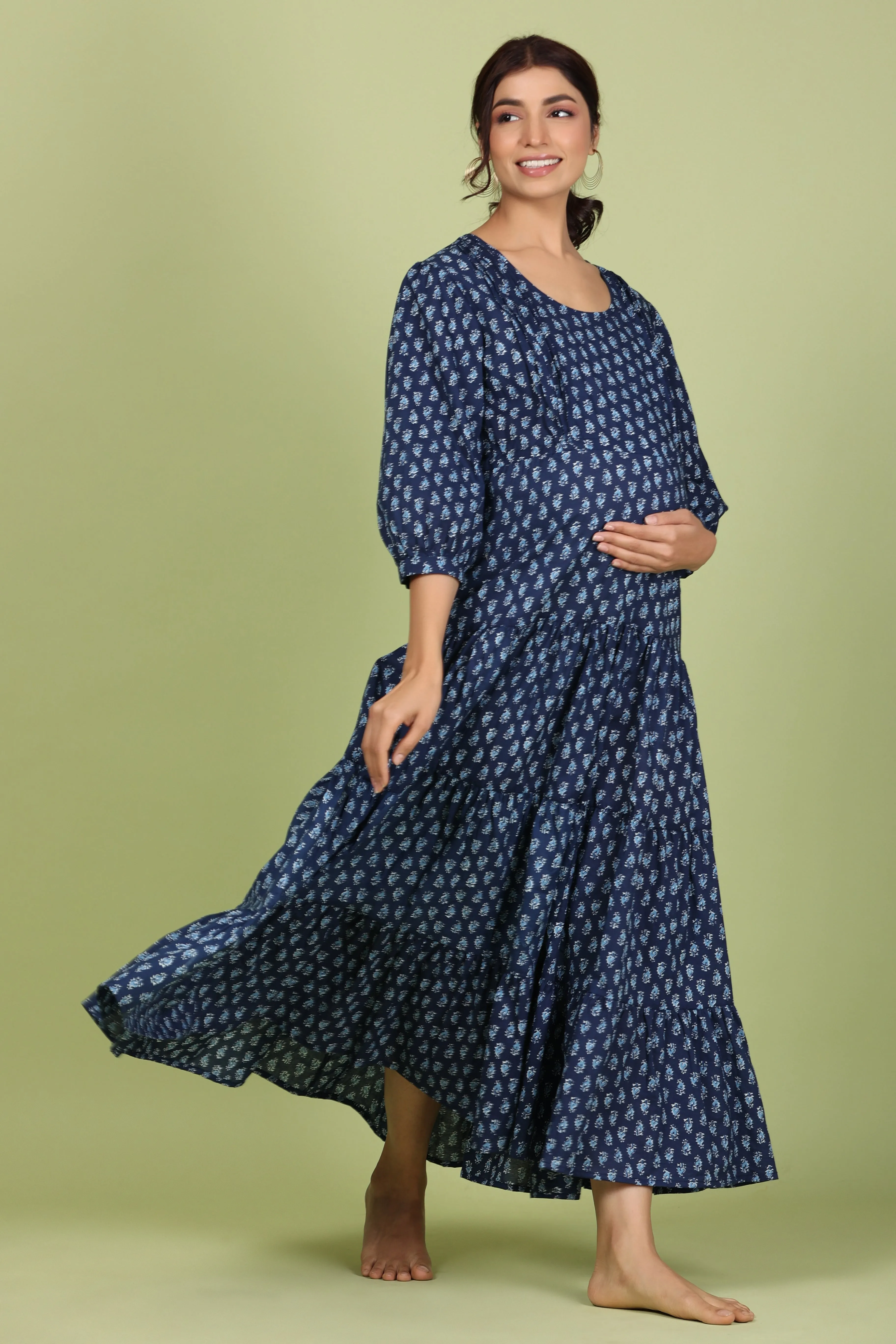 Batik Print on Blue Maternity Feeding Dress