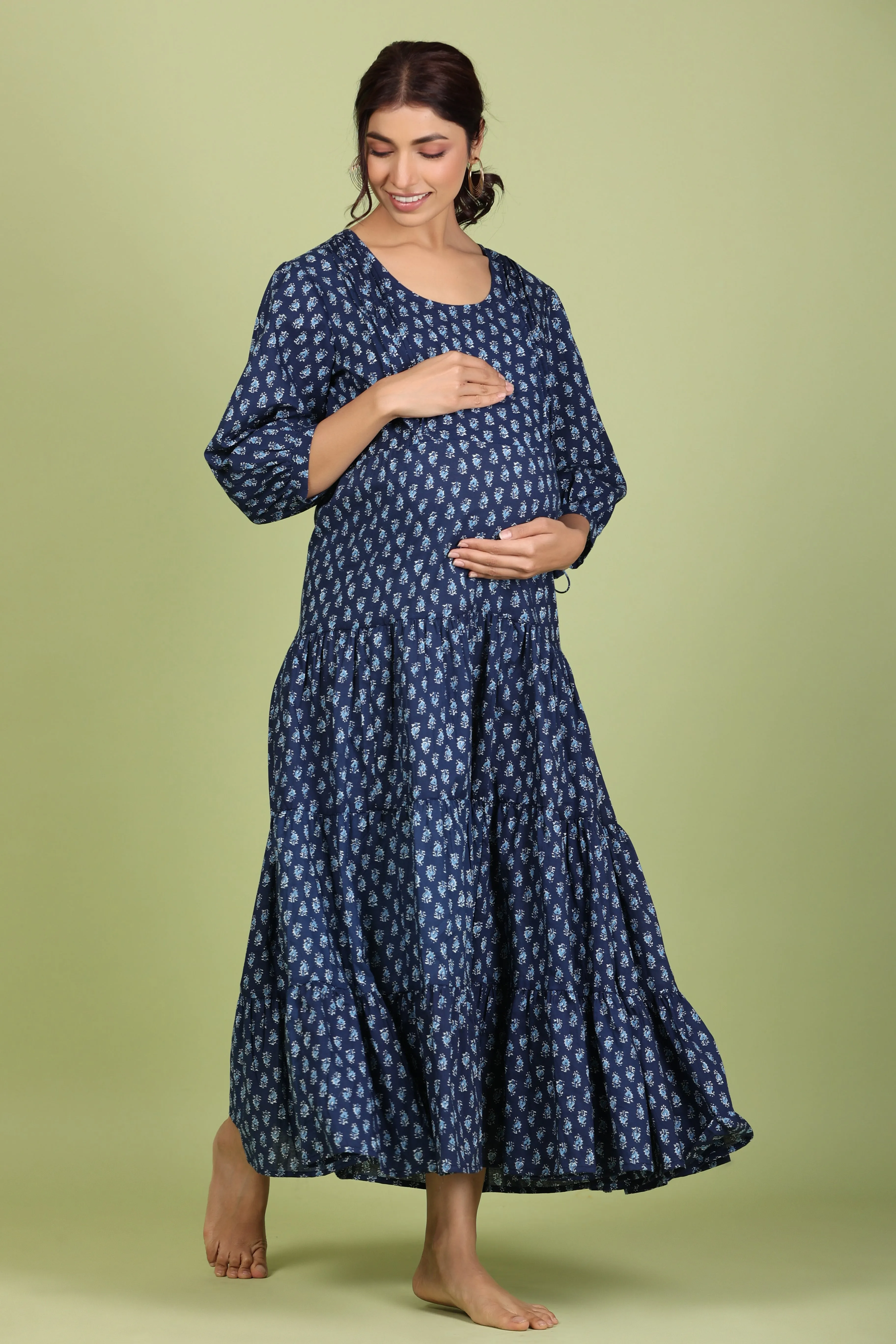 Batik Print on Blue Maternity Feeding Dress