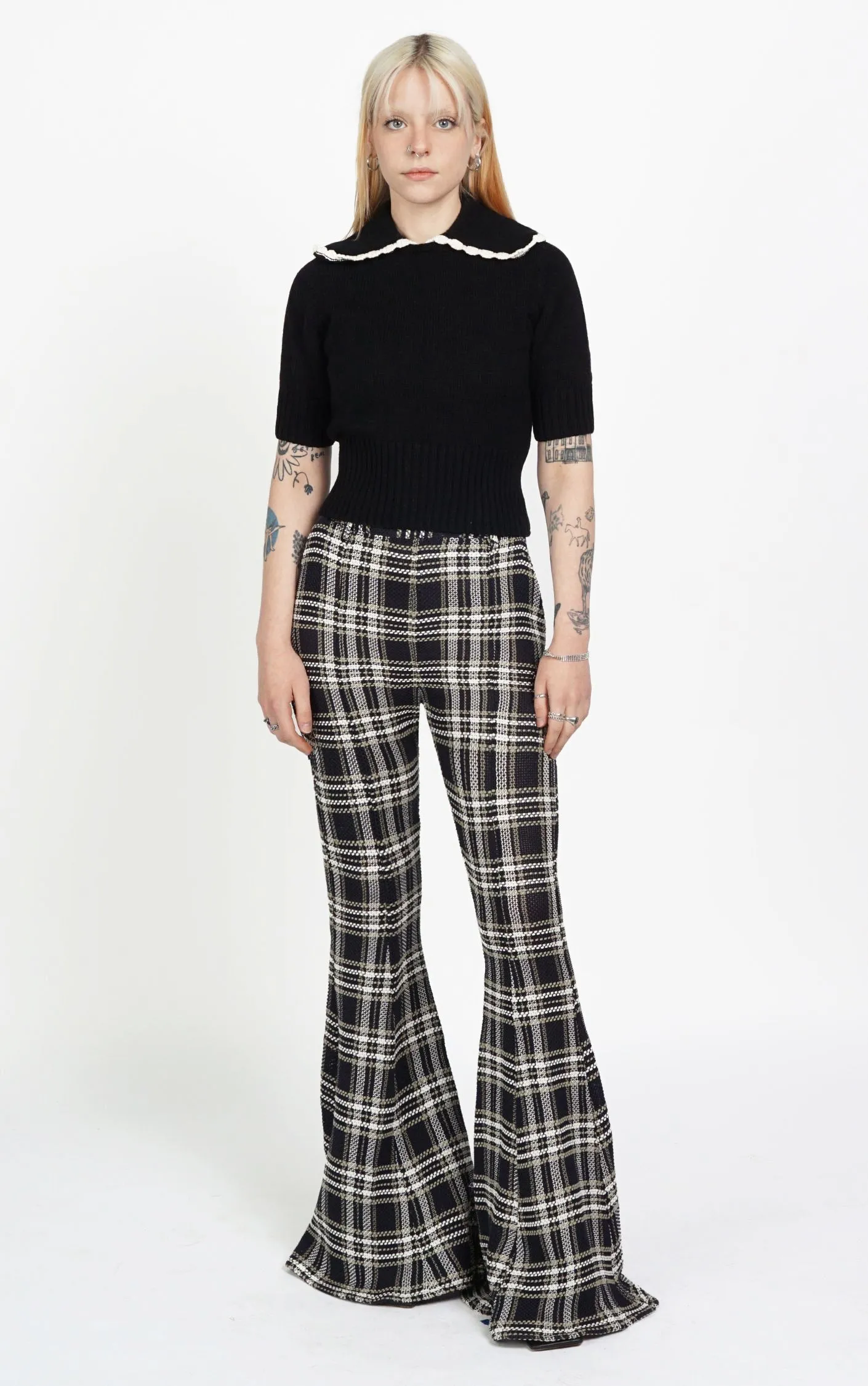 BEAUFILLE Plaid Bootcut Flared High Rise Pants