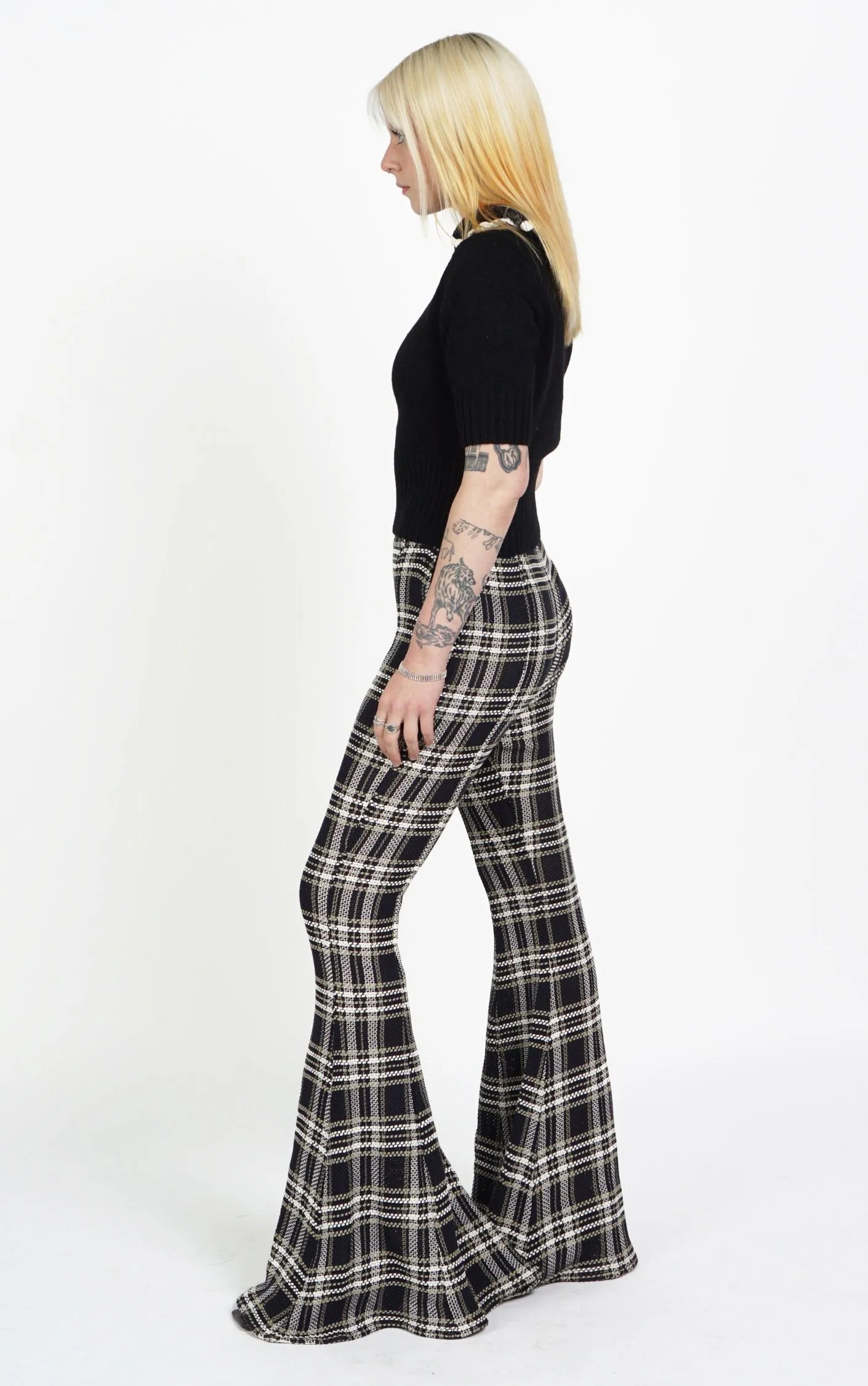 BEAUFILLE Plaid Bootcut Flared High Rise Pants