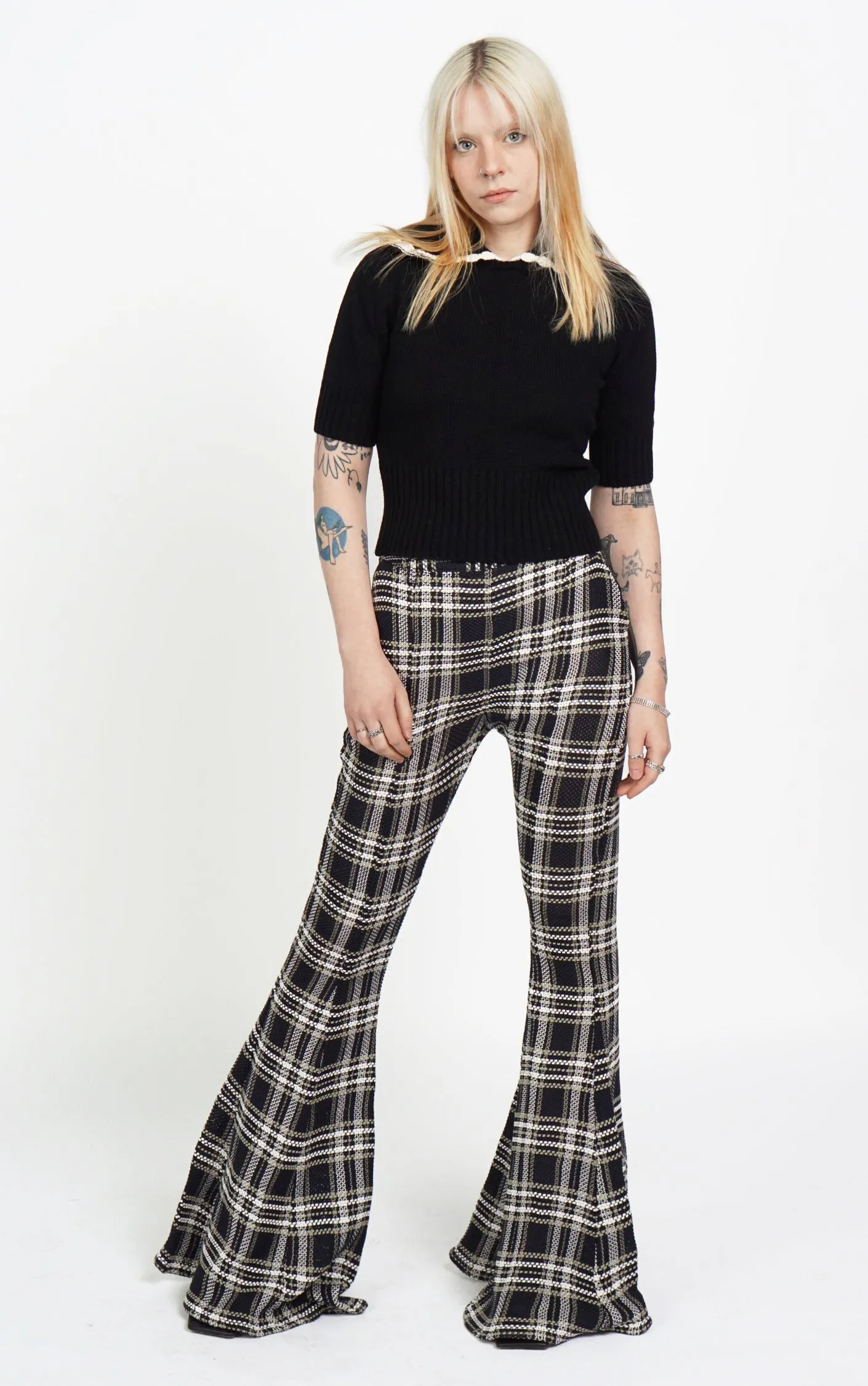 BEAUFILLE Plaid Bootcut Flared High Rise Pants