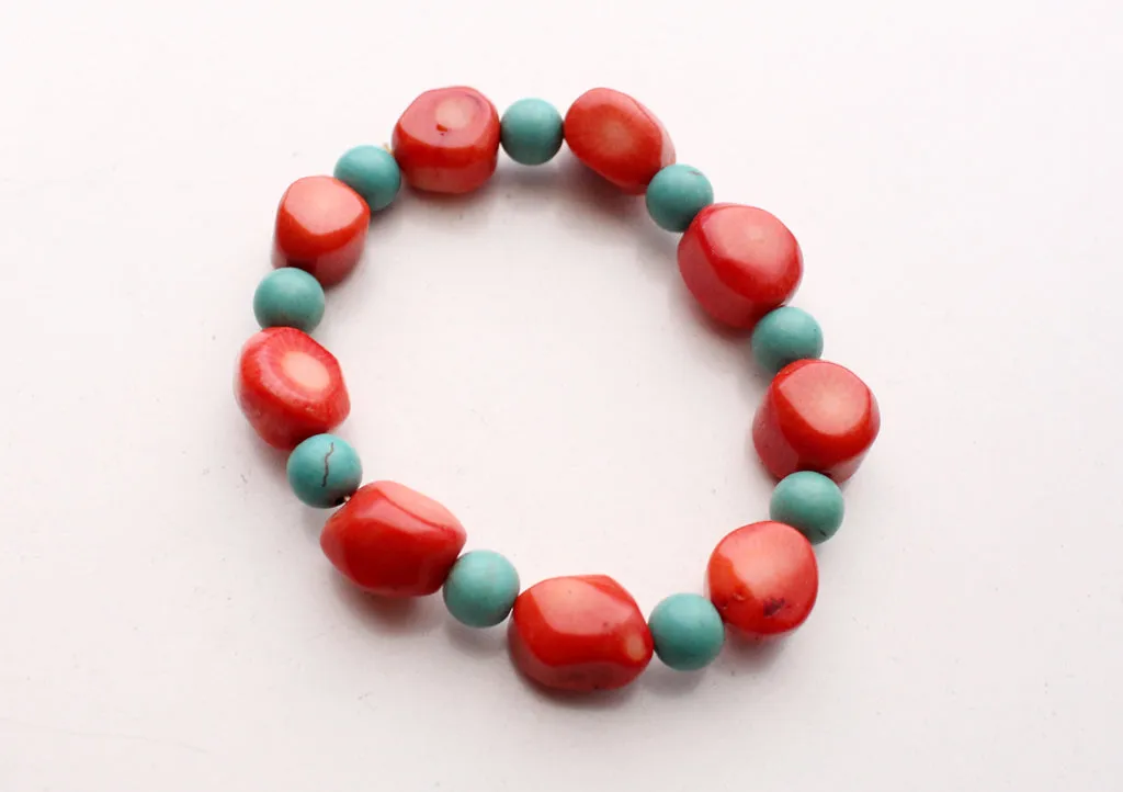 Beautiful Faux Coral and Turquoise Beads Stretchable Bracelet, Yoga Bracelet