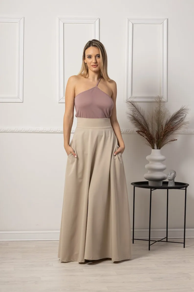 Beige High Waisted Maxi Skirt