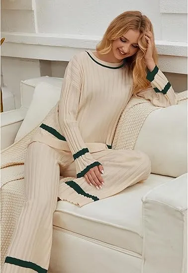 Beige Women Soft Long Sleeve Wide Leg Set Casual Sleep Lounge Wear