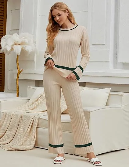 Beige Women Soft Long Sleeve Wide Leg Set Casual Sleep Lounge Wear