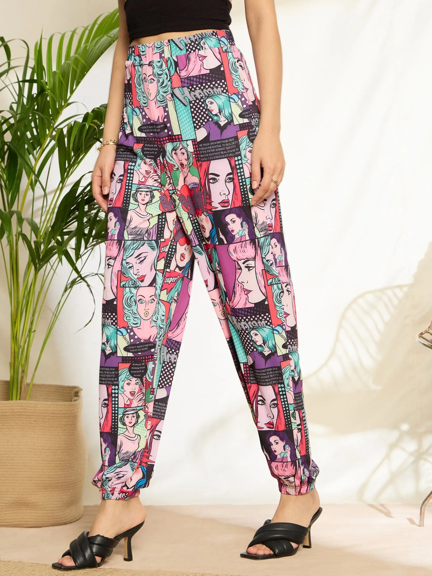 Berrylush Women Multicolour Graphic Printed High-Rise Waist Flat-Front Pleat Slip-On Knitted Regular Trousers