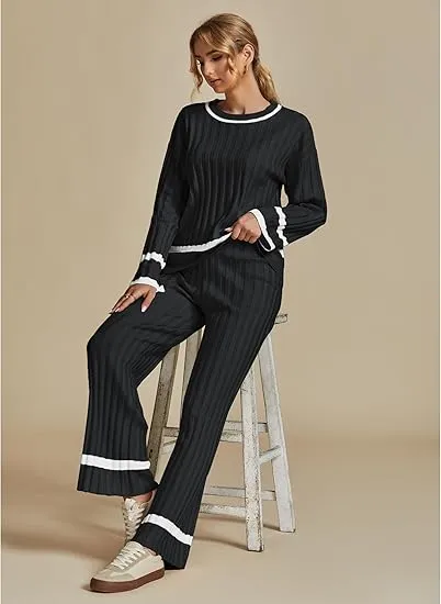 Black Women Soft Long Sleeve Wide Leg Set Casual Sleep Lounge Wear