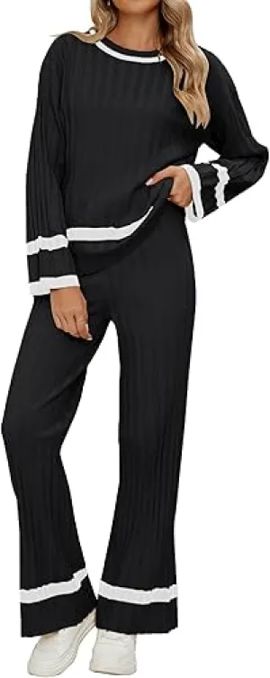 Black Women Soft Long Sleeve Wide Leg Set Casual Sleep Lounge Wear