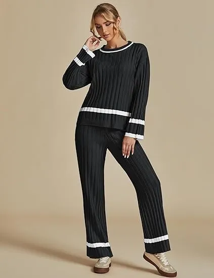 Black Women Soft Long Sleeve Wide Leg Set Casual Sleep Lounge Wear