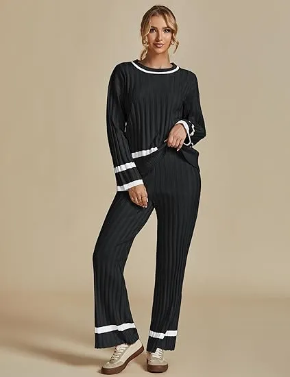 Black Women Soft Long Sleeve Wide Leg Set Casual Sleep Lounge Wear