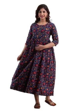 Blue & Red Floral Cotton Maternity Dress