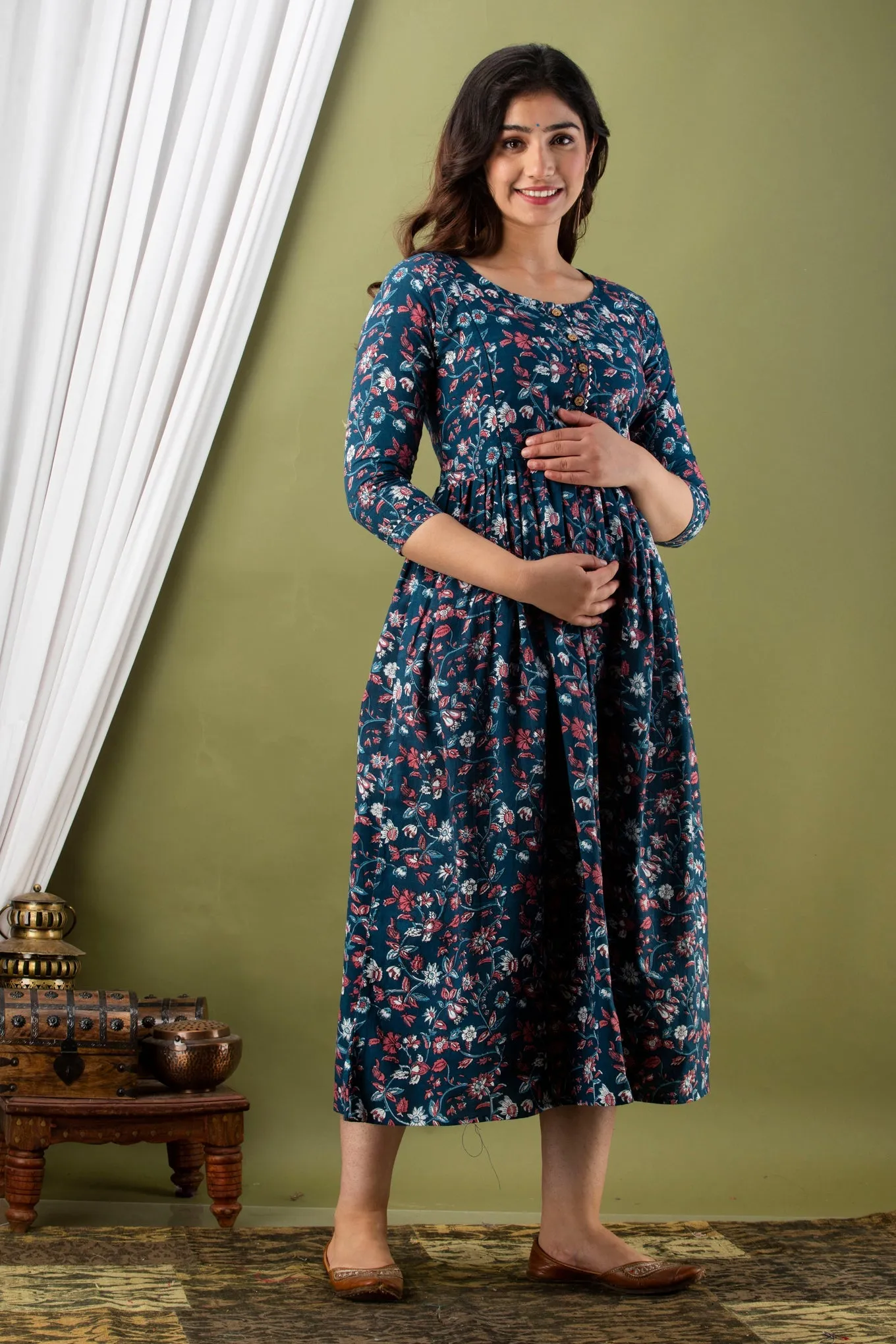 Blue & White Floral Cotton Maternity Dress