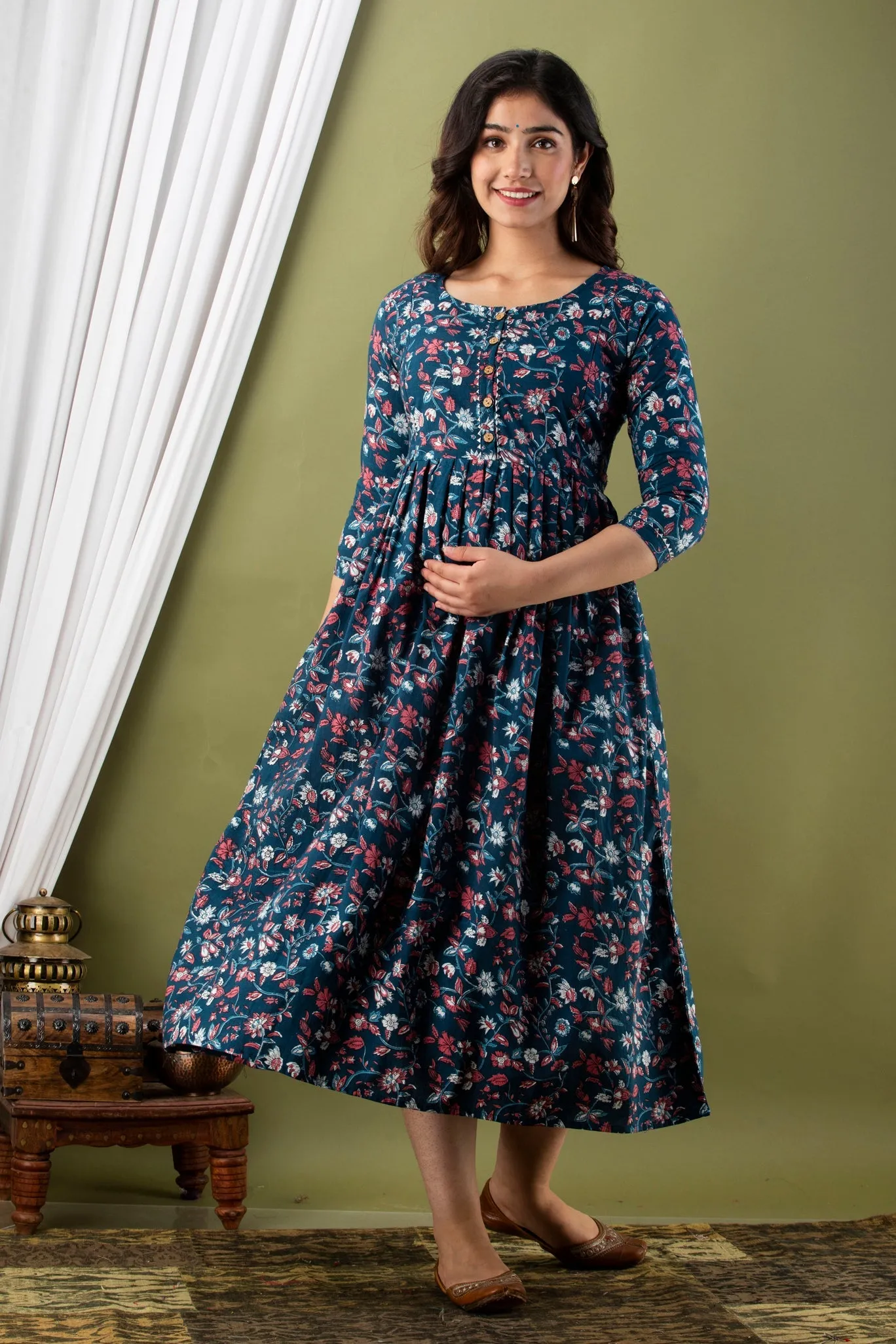 Blue & White Floral Cotton Maternity Dress