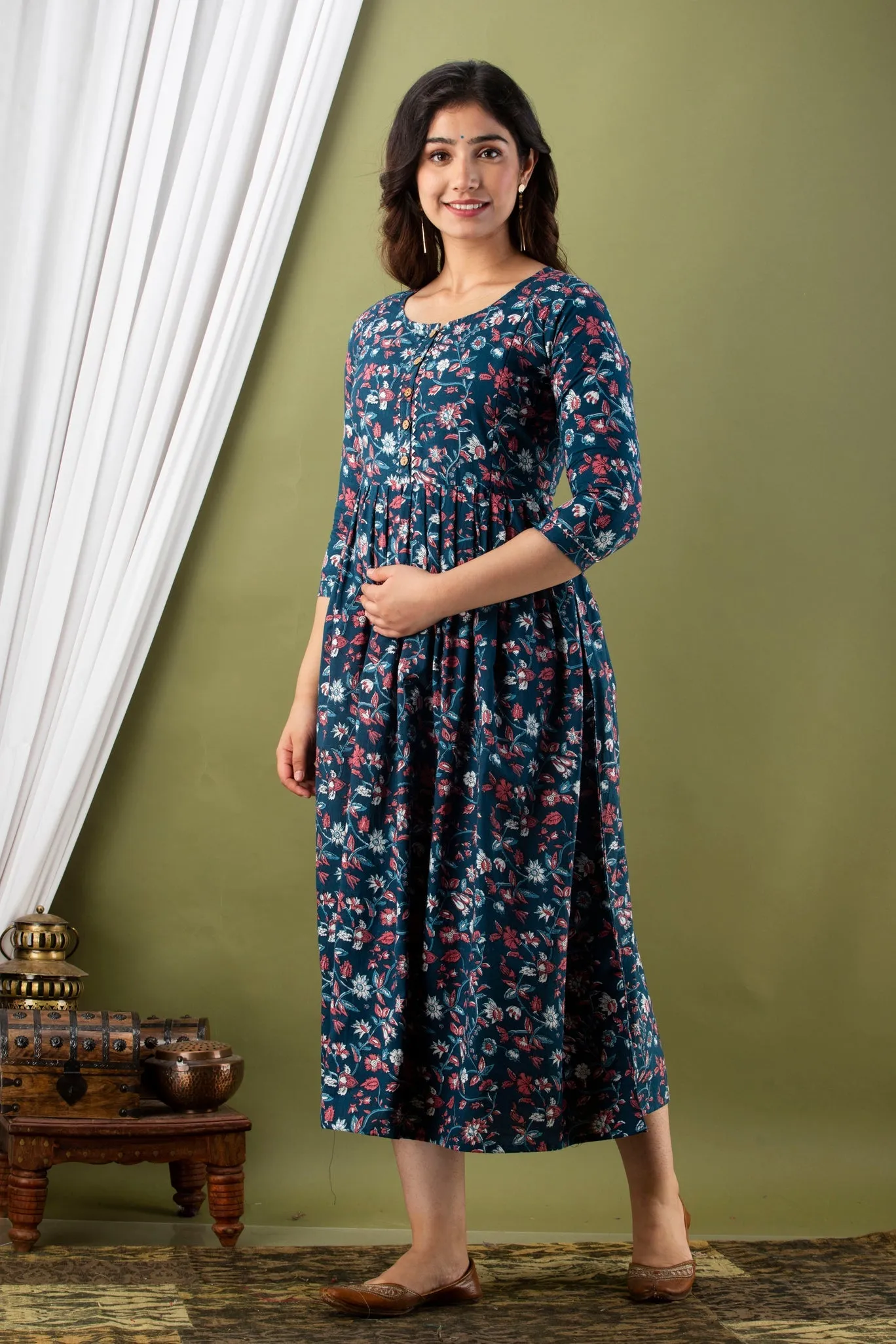 Blue & White Floral Cotton Maternity Dress