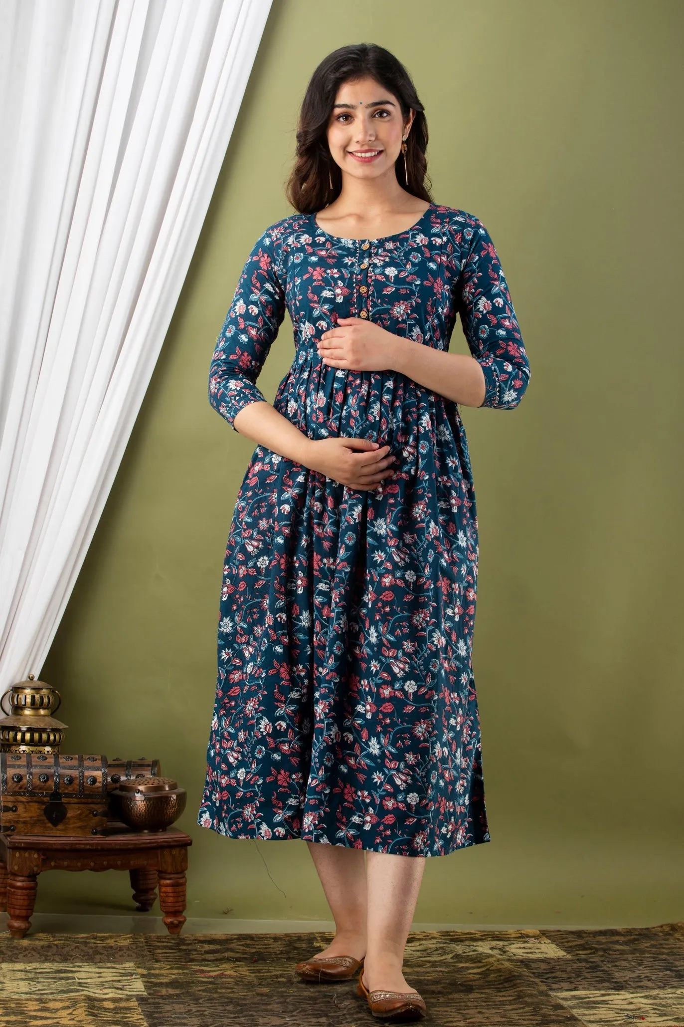 Blue & White Floral Cotton Maternity Dress