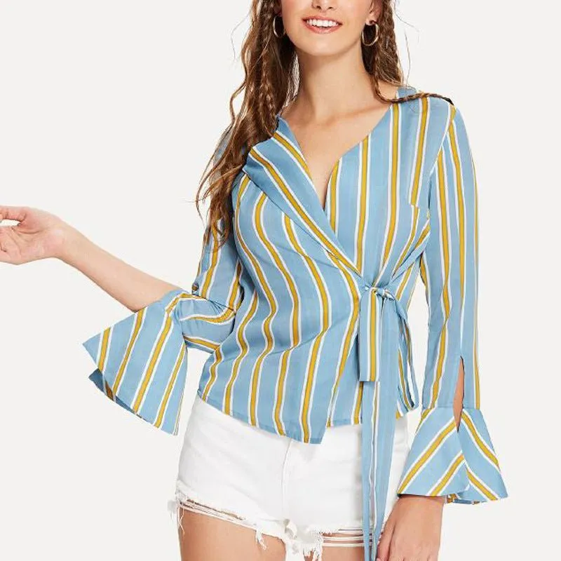 Blue & Yellow Stripe Wrap Top