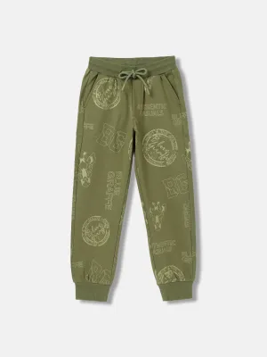 Blue Giraffe Boys Olive Printed Regular Fit Track Pants