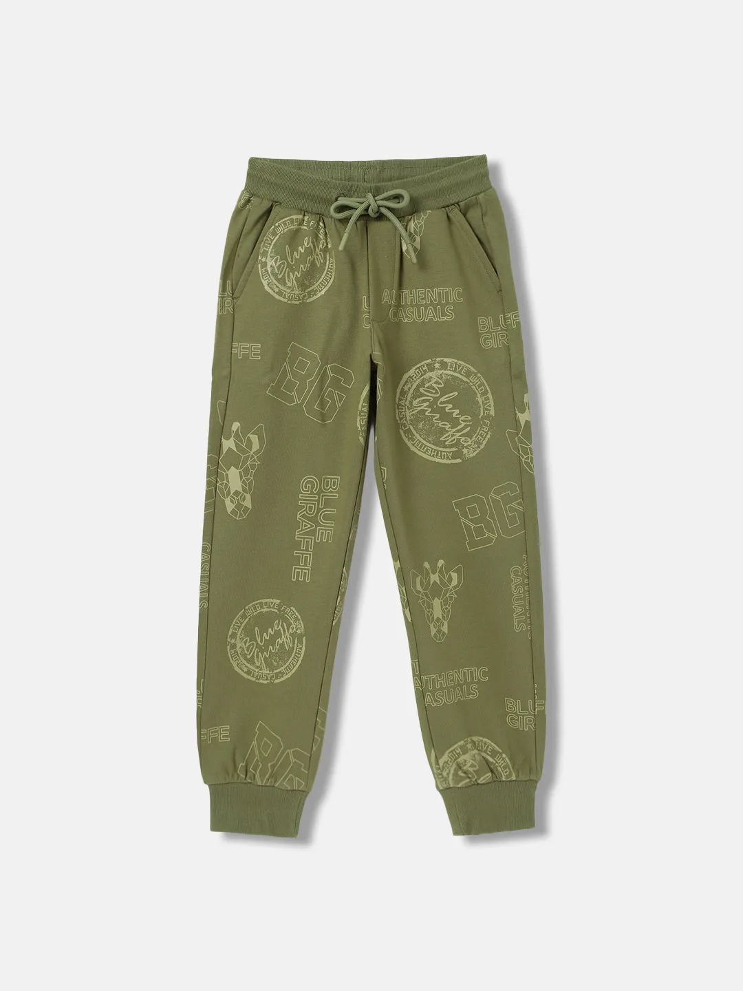 Blue Giraffe Boys Olive Printed Regular Fit Track Pants