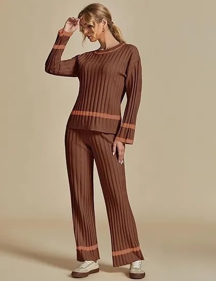 Brown Women Soft Long Sleeve Wide Leg Set Casual Sleep Lounge Wear