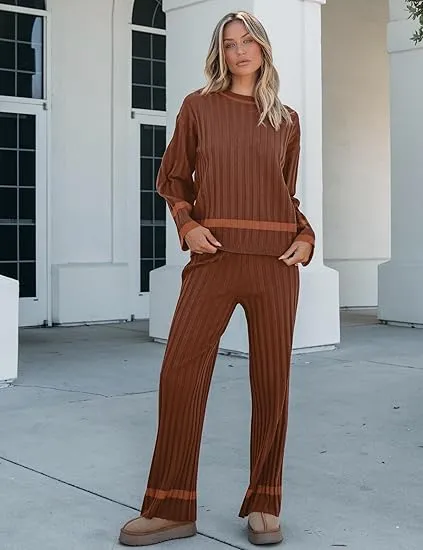 Brown Women Soft Long Sleeve Wide Leg Set Casual Sleep Lounge Wear