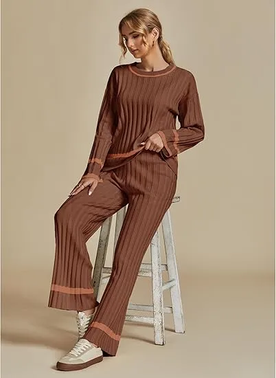 Brown Women Soft Long Sleeve Wide Leg Set Casual Sleep Lounge Wear