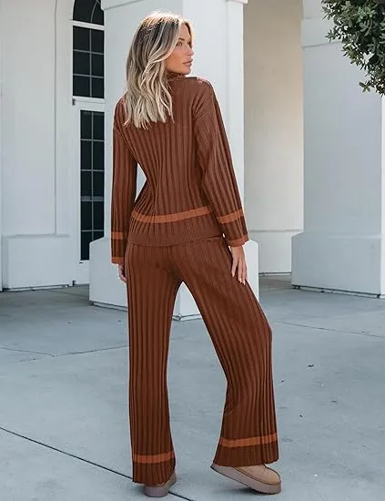 Brown Women Soft Long Sleeve Wide Leg Set Casual Sleep Lounge Wear