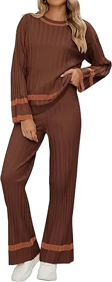 Brown Women Soft Long Sleeve Wide Leg Set Casual Sleep Lounge Wear