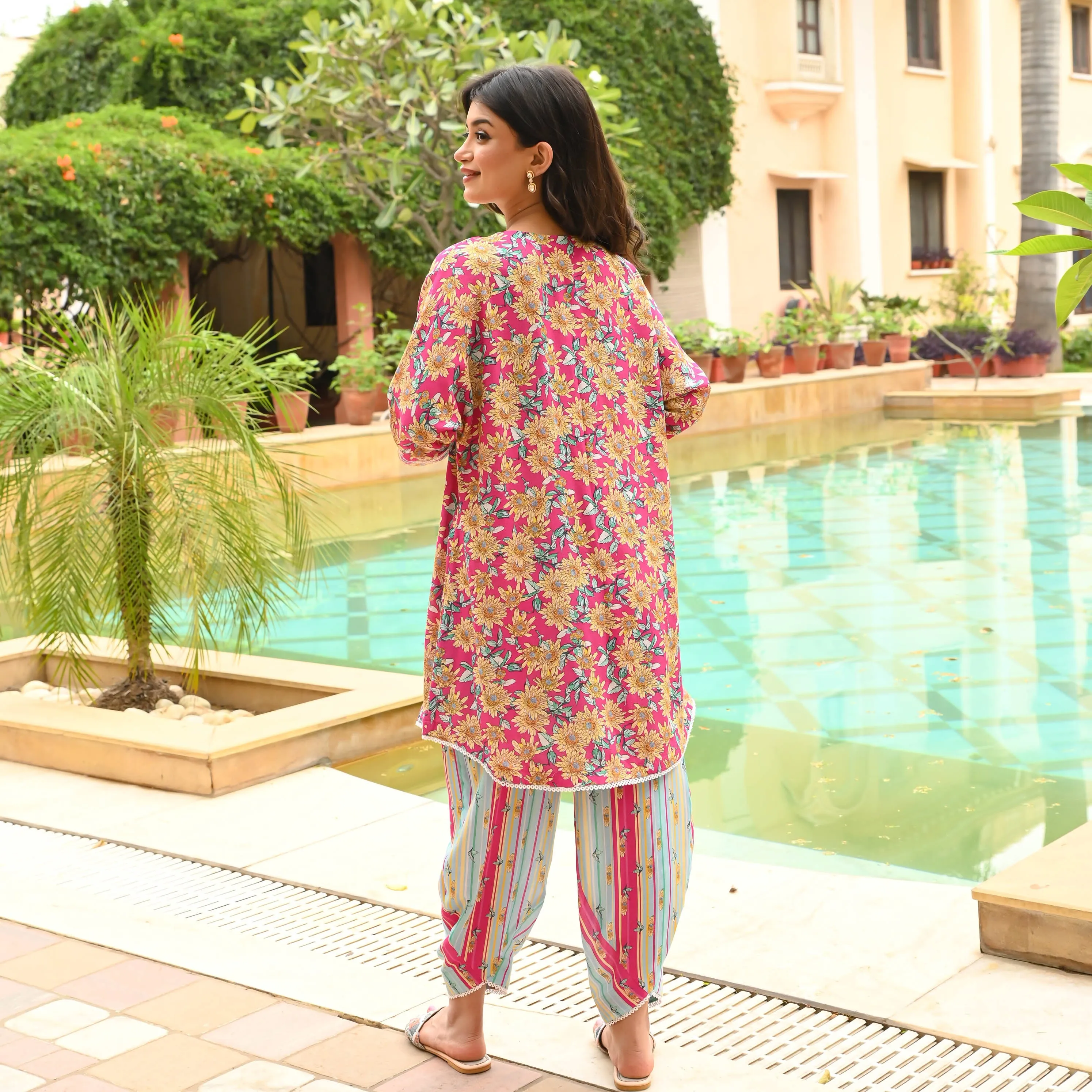 Bunaai Twinning Floral Stripe Kurta Set