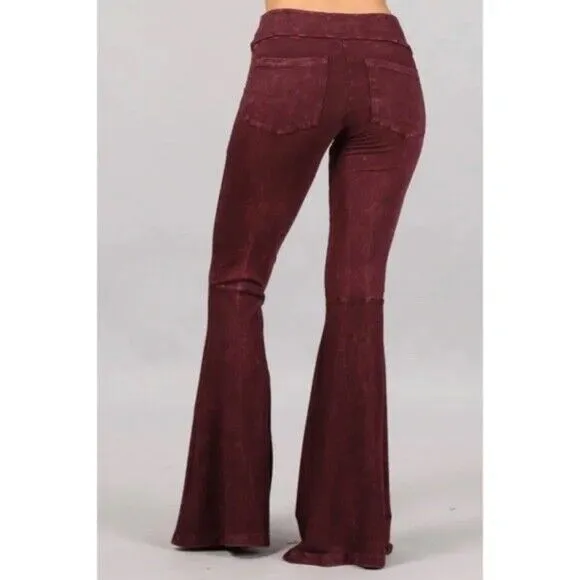 Burgundy Mineral Wash French Terry Flared Bell Bottom Pull On Pants w/ Pockets