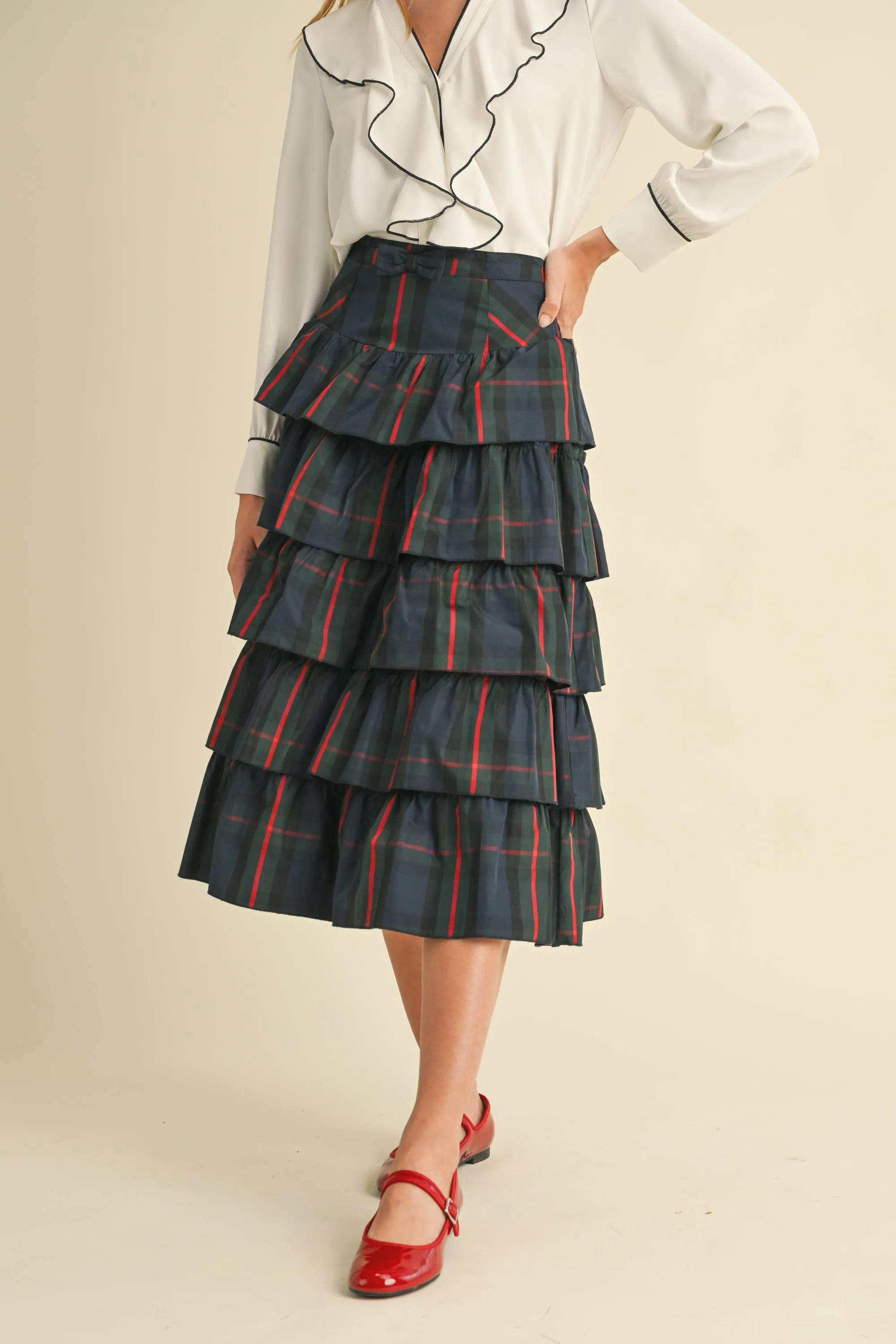 Check Tiered Skirt: NAVY GREEN MULTI