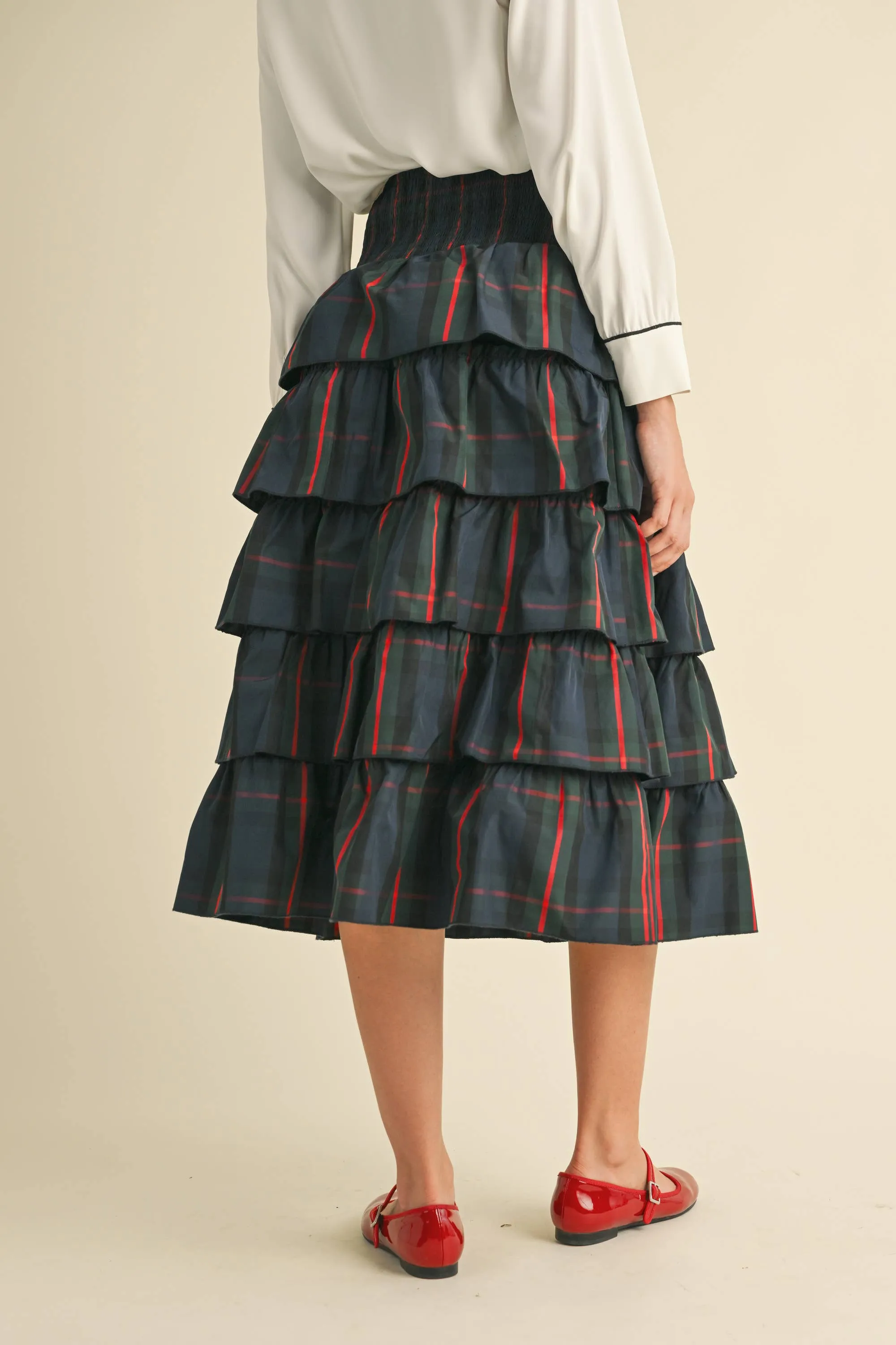 Check Tiered Skirt: NAVY GREEN MULTI