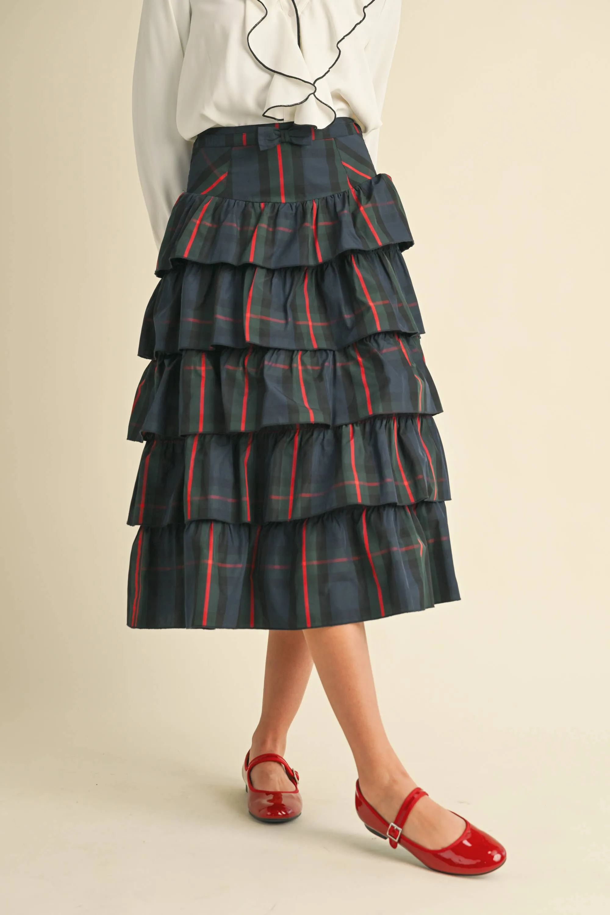 Check Tiered Skirt: NAVY GREEN MULTI