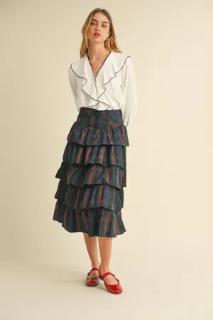 Check Tiered Skirt: NAVY GREEN MULTI