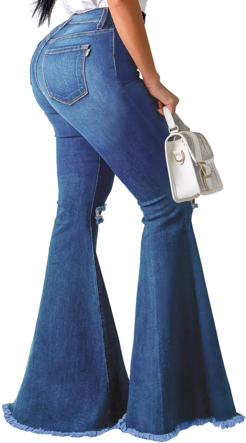 Chic High-Waisted Flared Denim Jeans with Distressed Details for Women