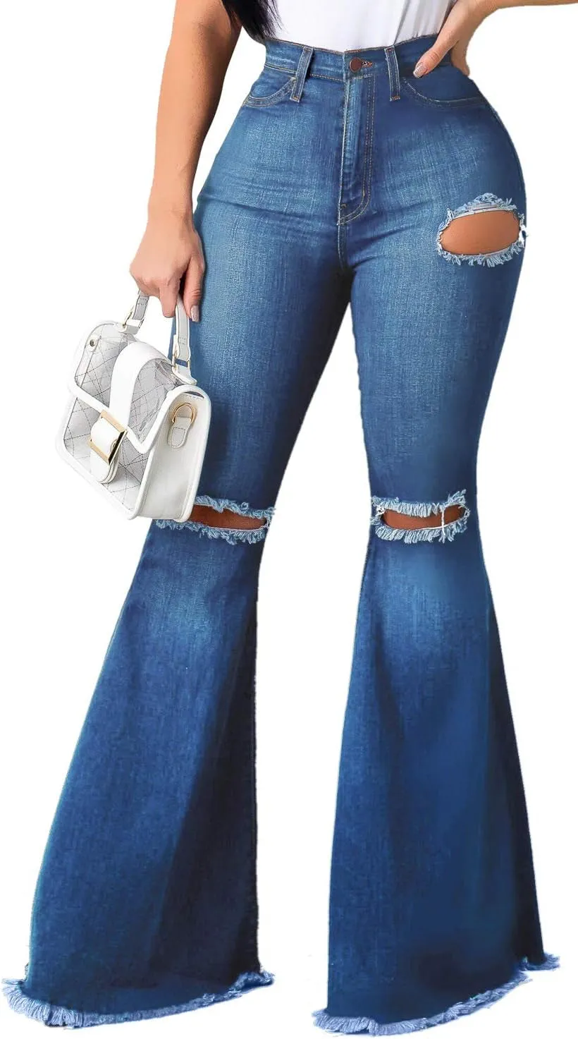 Chic High-Waisted Flared Denim Jeans with Distressed Details for Women